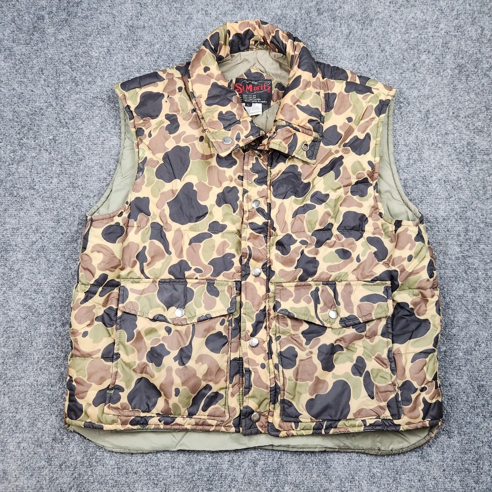 Vintage St Moritz Vest Mens Large Frog Skin Duck Camo Puffer Hunting Outdoor 80s